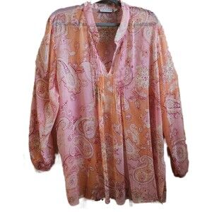 Susan Graver Women's Blouse Size 2X Pink Peach Floral Boho Peasant Sheer EUC